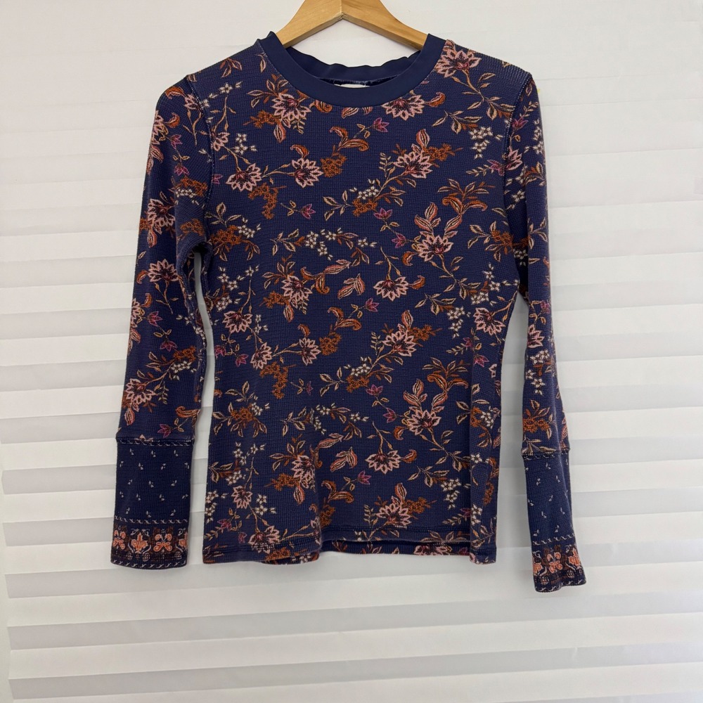 Sundance Womens Floral Waffle Knit Thermal Top Navy Blue Velvet Trim‎ Large